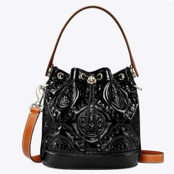 Tory Burch T Monogram Puffy Patent Bucket Bag Black Leather Crossbody Logo - Picture 1 of 13